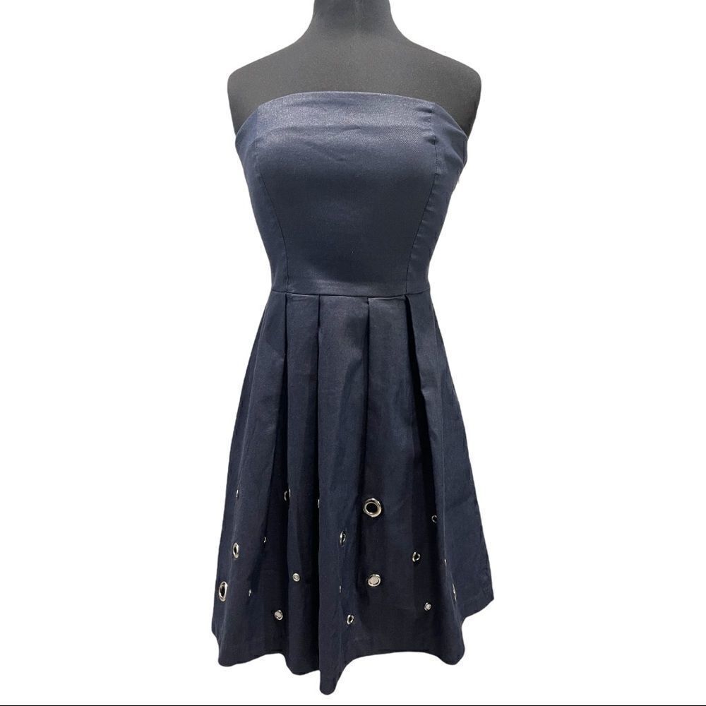 𝅺eva Franco Strapless Denim Colored Pleated Skirt Dress Sz 8